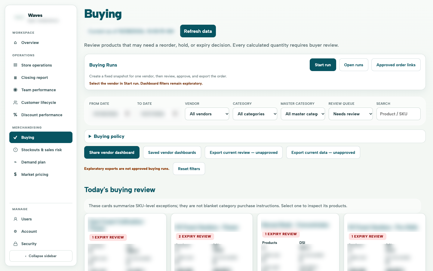 Waves inventory and buying workspace with customer and operating data blurred